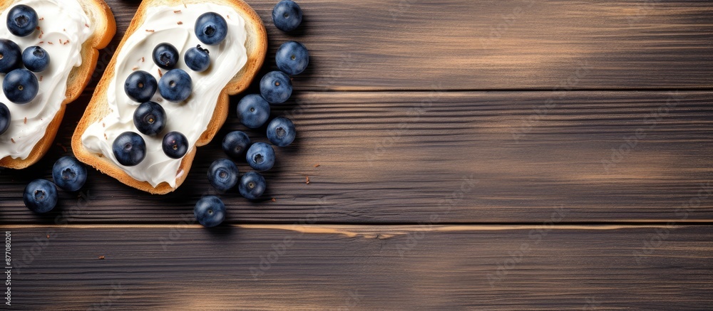 Poster Top view of delectable toasts with butter and blueberries on a rustic grey wooden table, with room for text in the image