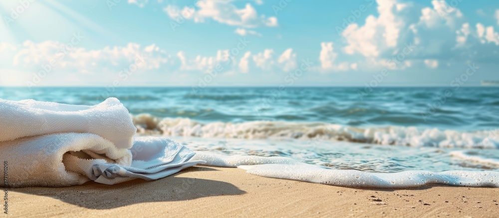 Aufkleber summer beach scene with towel as background and ample copy space image for decorating.