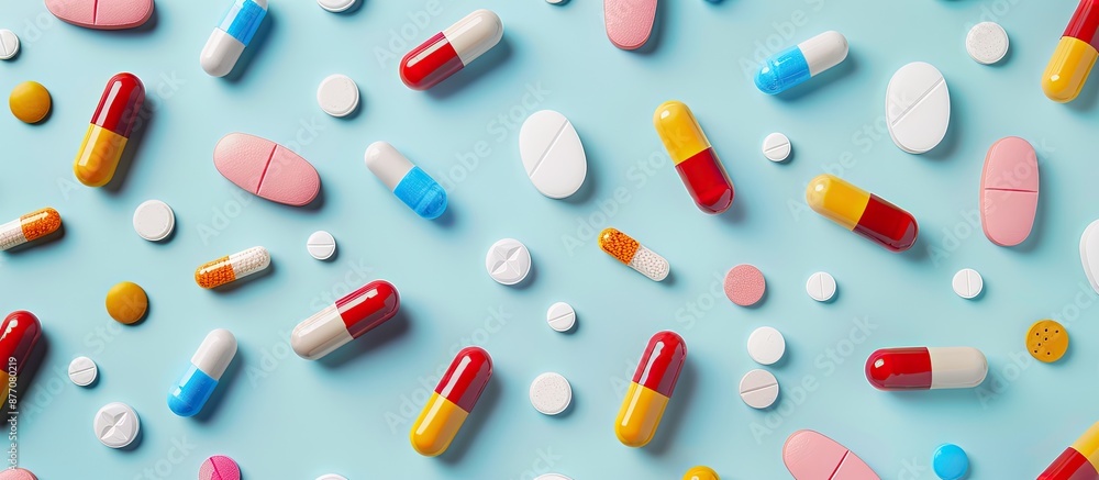 Aufkleber Various medical pills and capsules displayed on a colored background in a top-down view with copy space image.
