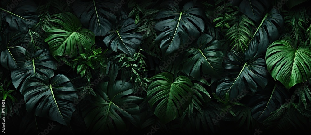 Poster dark tropical foliage creating a nature-inspired backdrop with abundant green leaves. ideal for text