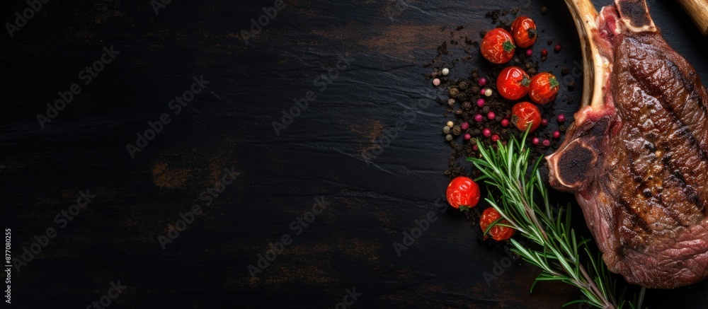 Poster top view of a tomahawk steak on the bone, presented on a black wooden surface with free copy space i