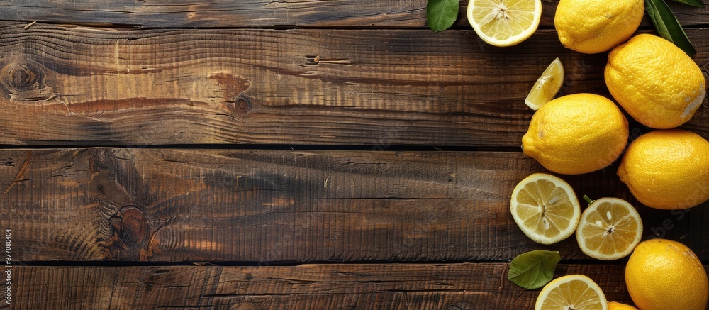 Poster wooden table with lemon pieces arranged for copy space image.