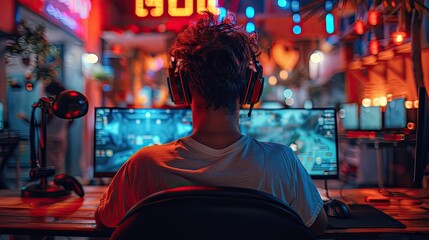 Fototapeta premium A gamer seen from behind, wearing headphones and immersed in a game on a dual monitor setup, with vibrant neon lights illuminating the room