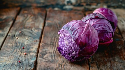 Fototapeta premium Red cabbage on a wooden table with minimalist background , 