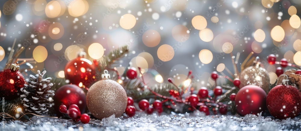 Poster a festive arrangement of christmas tree decorations on a silver background with blurred elements cre