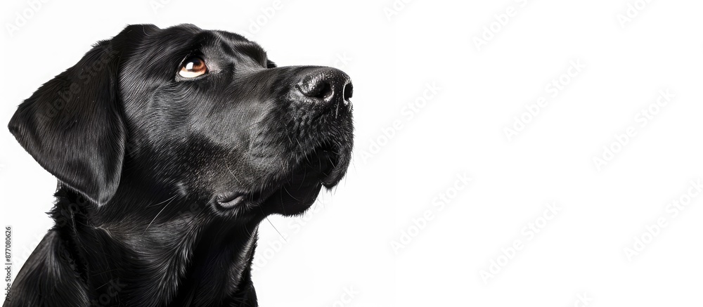 Poster A black Labrador Retriever gazes upward in a portrait isolated on a white background, providing ample copy space on the right side for text or graphics.
