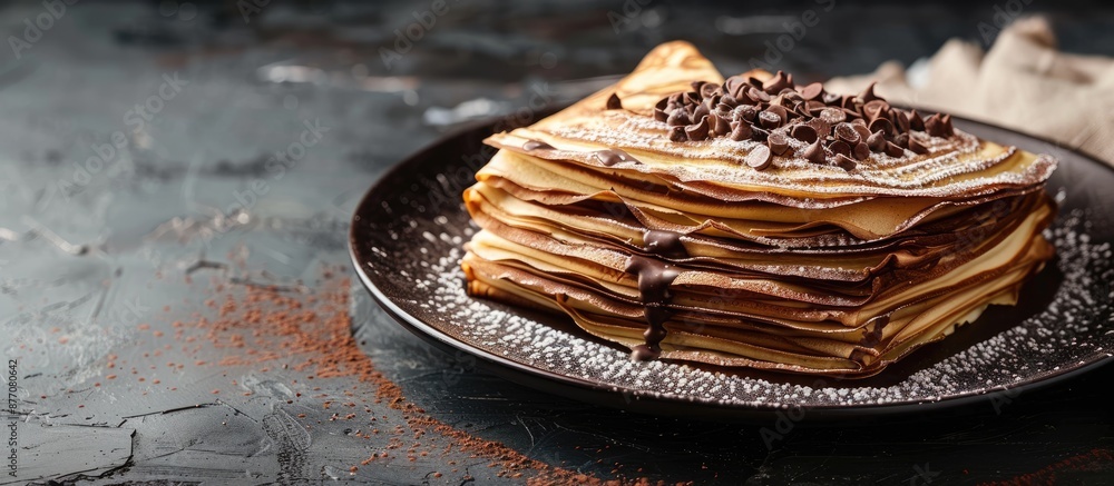 Poster Chocolate Crepe cake with a beautiful presentation and empty space for text or graphics to be added for a commercial or advertising purpose.