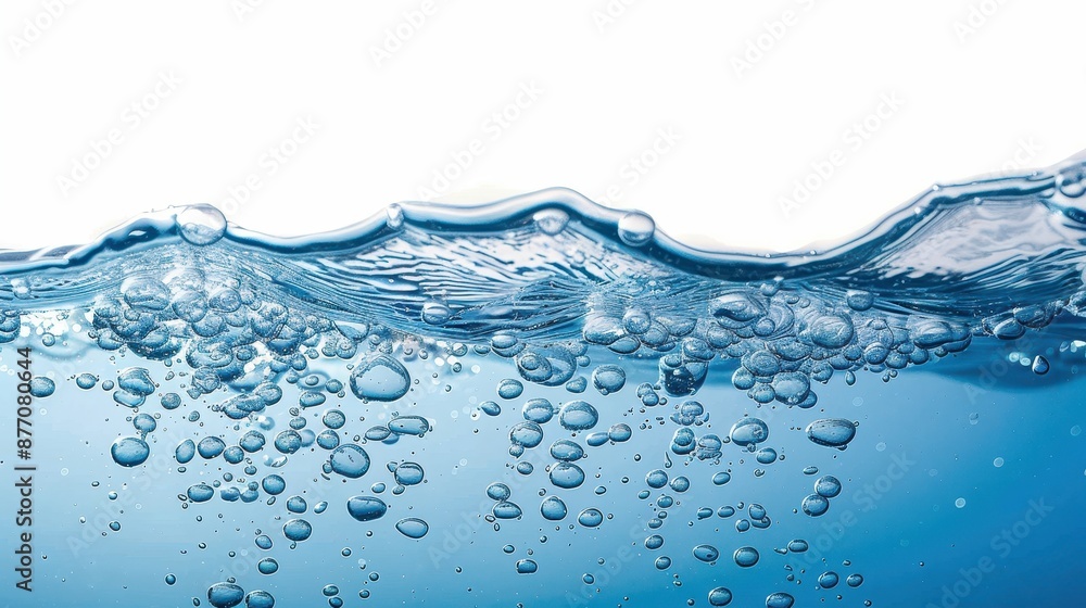 Poster an image of bubbles captured in mid-rise within clear water, featuring smooth waves and a gradient b
