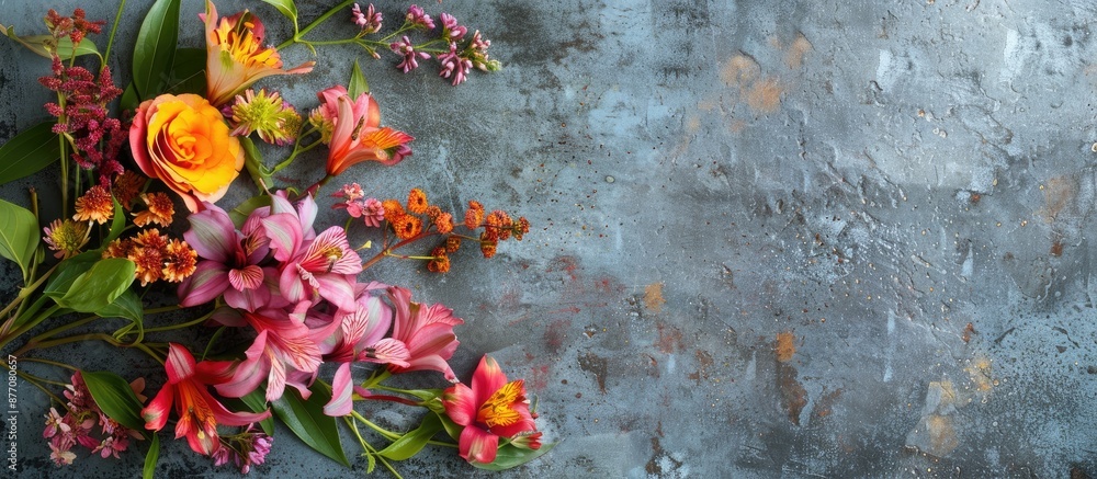 Poster Flowers arranged on a metallic surface with an empty area for additional visuals or text, known as a 'copy space image.'