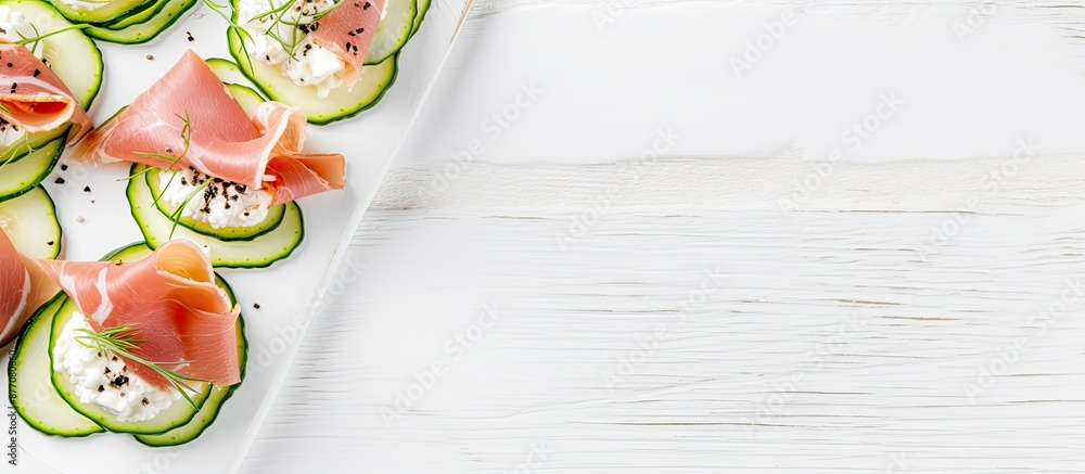 Poster Copy space image: Prosciutto and cucumber on rice cakes on a white wooden table, top view, suitable for adding text.