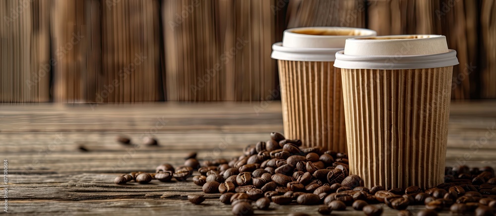 Poster two textured paper cups next to a mound of coffee beans on a wooden backdrop with a copy space image