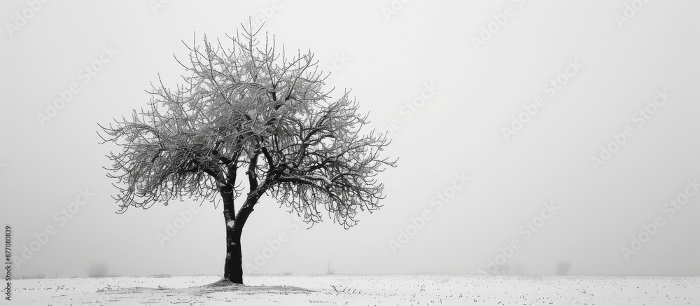 Poster tree with bare branches against a snowy background, providing a serene and peaceful copy space image