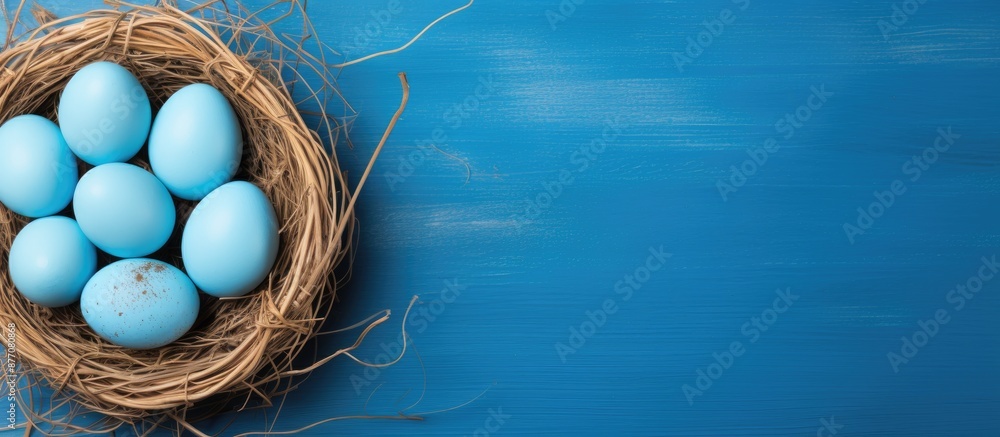 Aufkleber Easter eggs in a basket on a stylish blue backdrop. Simple design with copy space image.
