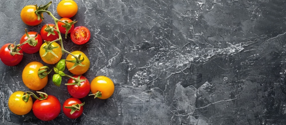 Poster Top view of colorful tomatoes on a stone background with available copy space image.
