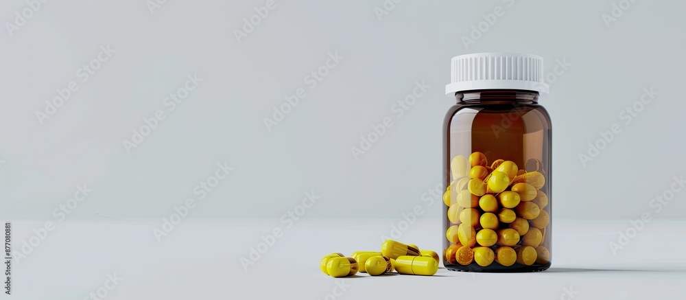 Aufkleber An open bottle or container displaying yellow pills on a white background with ample copy space for text overlay, presenting a blank, white medicine concept.