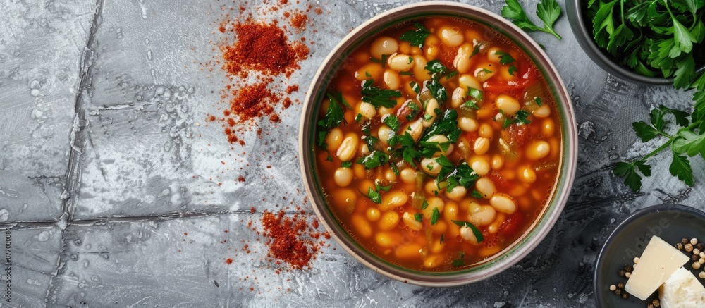 Poster Top view of Greek bean soup Fasolada in a bowl on a concrete surface with room for additional elements in the image.