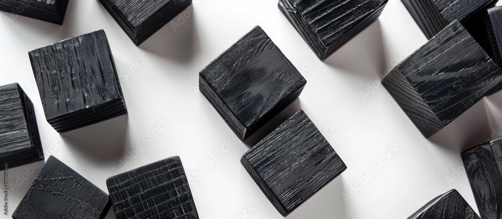 Poster wooden cubes painted black set on a white background with available copy space image.