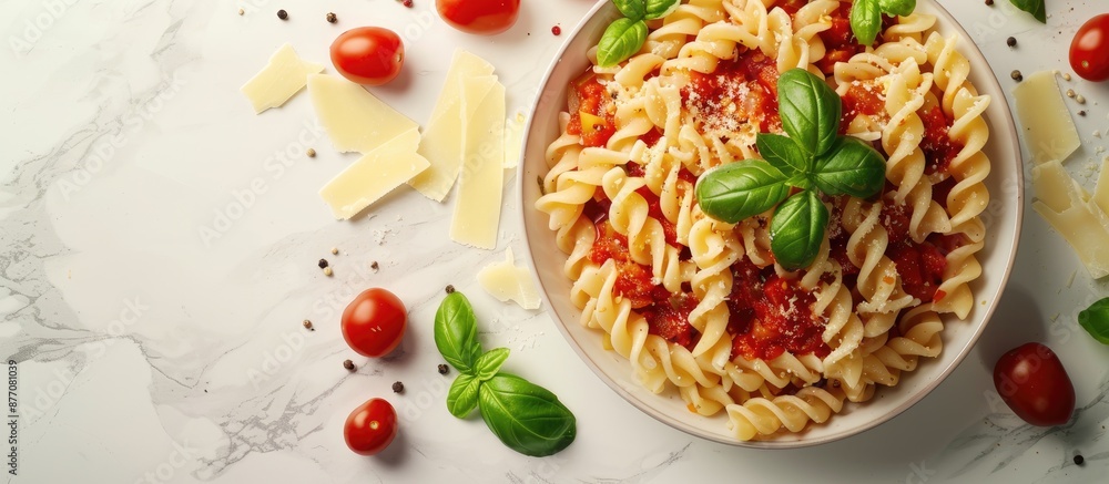 Poster top view of italian pasta with tomato sauce, cheese, and basil on a bright background, allowing for 