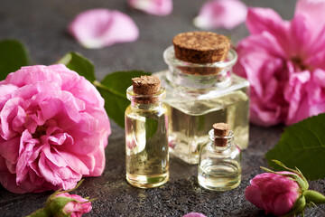 Aromatherapy essential oils with pink rose de Mai flowers