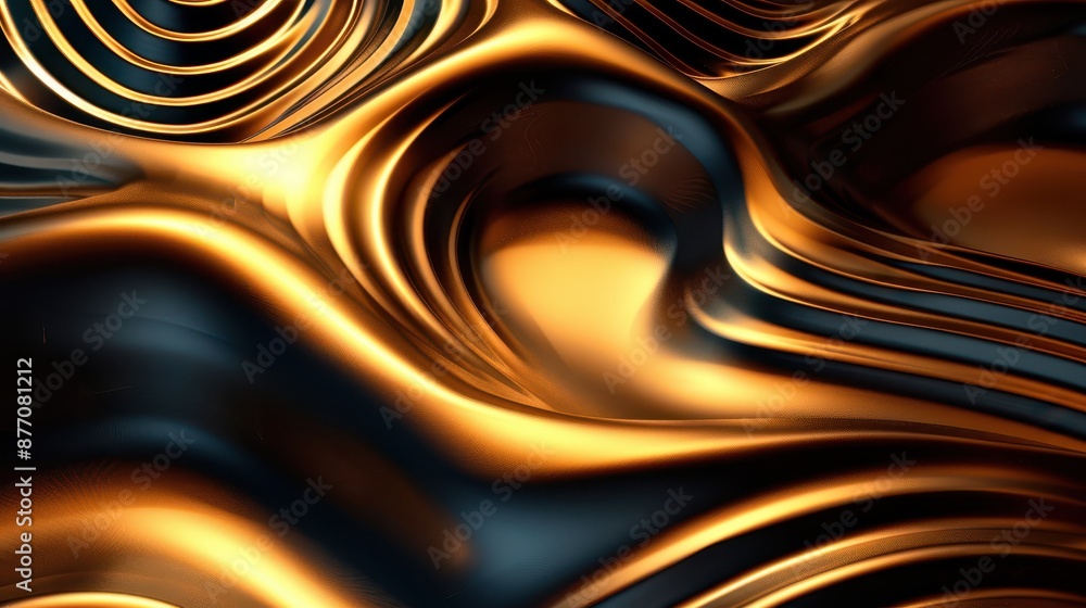 Poster a captivating abstract representation featuring dynamic black and gold shiny wave patterns, evoking 