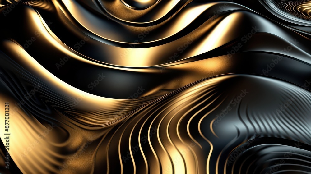 Poster an abstract image depicting black and gold flowing waves that create a luxurious and fluid texture, 