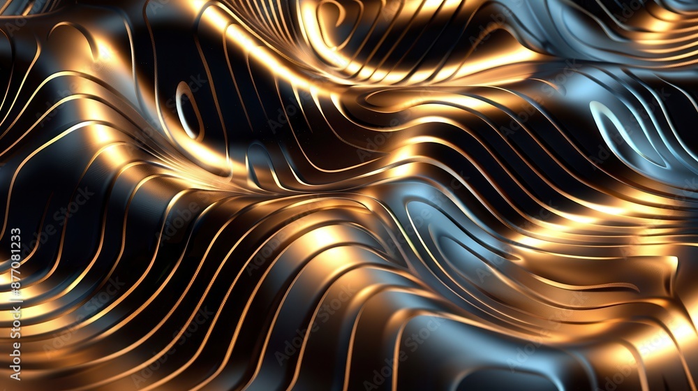 Poster an abstract visual featuring smooth black and gold lines interweaving with varied textures, designed