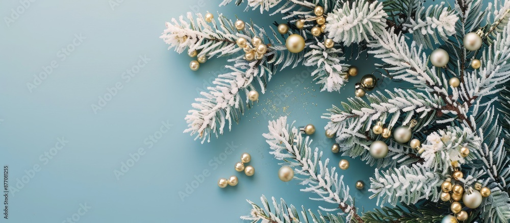 Poster festive christmas background featuring a snowy fir tree adorned with golden and silver decorations o