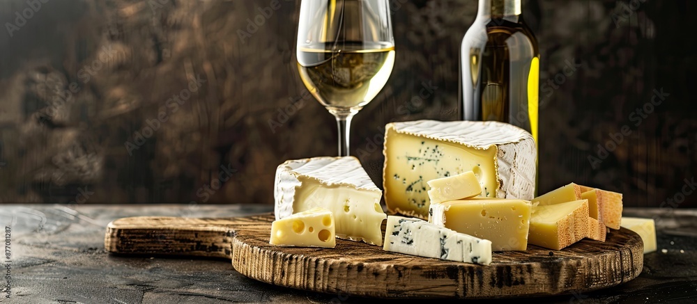 Poster an assortment of cheeses and white wine displayed on a wooden board against a dark backdrop, complem