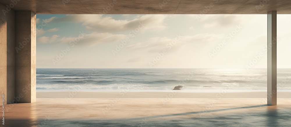 Poster desolate beach and sea backdrop with a bright sun and room for a copy space image.