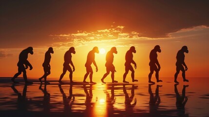 Human evolution. A study of the sequence of biological evolution of Homo sapiens. monkey, ape, ancient humans, modern humansShadows reflecting light when the sun sets. Silhouette concept generative ai