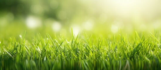 Obraz premium Fresh green grass field with a blurred background, ideal as a natural backdrop for summer product advertising with copy space image.