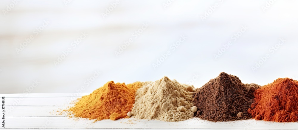 Poster Close-up view of powdered spices on a white wooden surface with ample copy space for text or images.