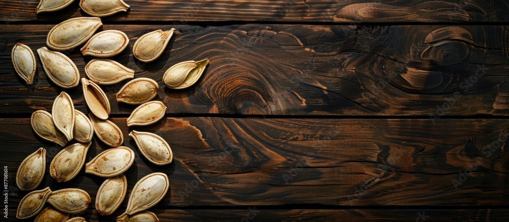 Poster arrangement of pumpkin seeds on the left side of the photo, set against a dark wooden backdrop, crea