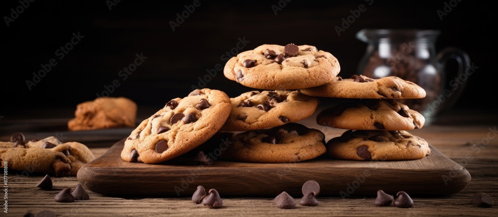 Poster freshly baked chocolate chip cookies displayed on a dark, old wooden table with room for text in the