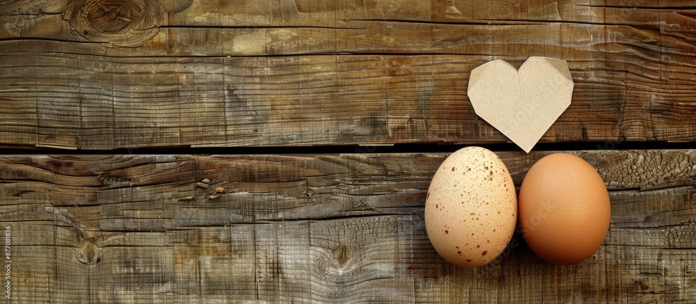 Poster wooden textured background featuring two eggs accompanied by a paper heart with copy space image.
