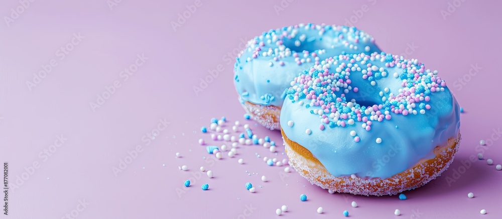 Poster close-up view of two appetizing donuts adorned with blue and white icing and sprinkles, isolated on 