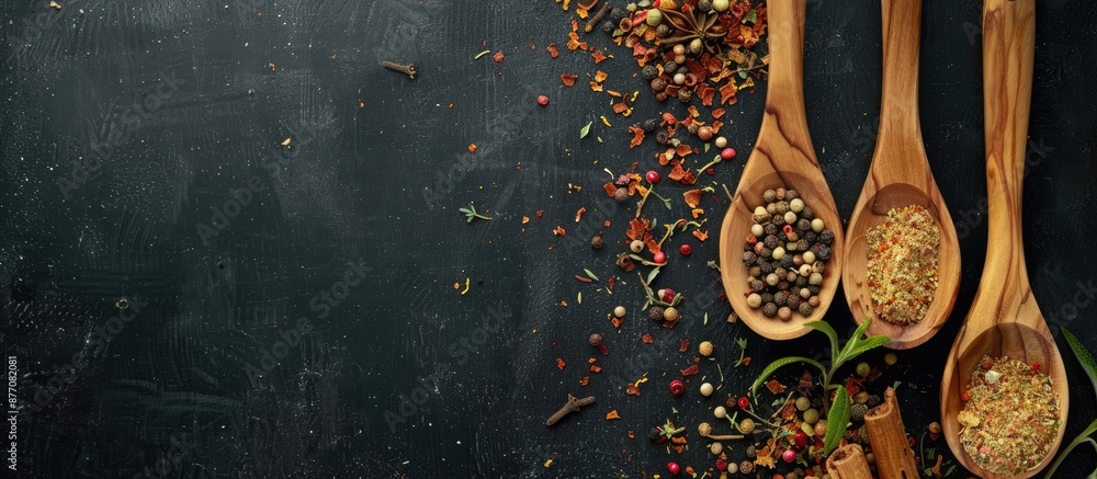 Poster Top view of wooden spoons filled with dry spices on a black background with room for a copy space image.