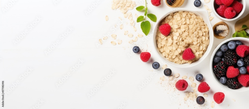 Poster top view of raw and vegan oats presented on a white background for a brunch, creating a natural food