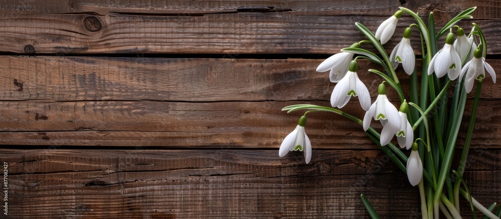 Aufkleber Snowdrops beautifully arranged on a wooden backdrop with copy space image available.