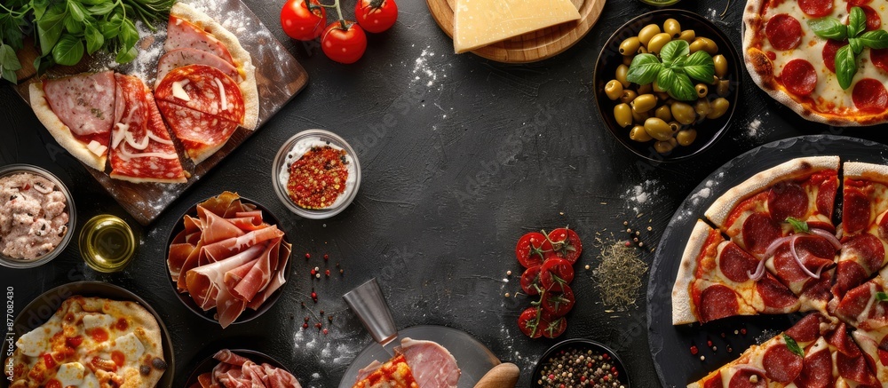 Poster italian pizza with assorted toppings like meats, veggies, and cheese for all seasons displayed on a 