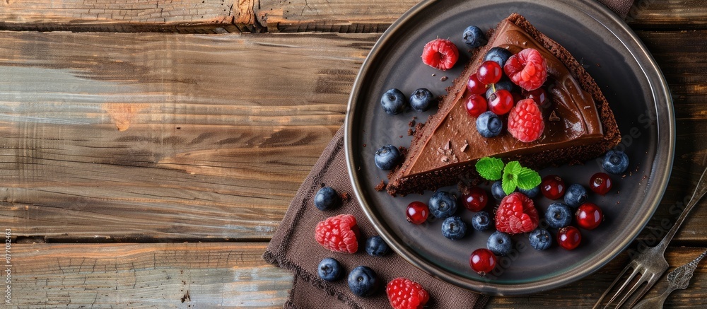 Poster an exquisite chocolate cake with chocolate cream and fresh berries displayed on a plate against a ru