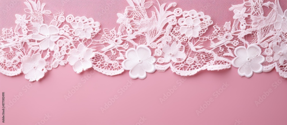 Poster top view of white lace on a pink background with copy space image for text.