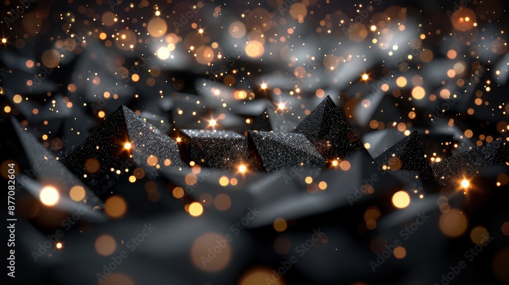 Aufkleber an abstract image featuring black geometric shapes adorned with sparkling light effects, creating a 