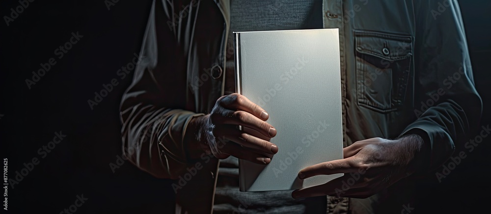 Aufkleber A man displays a book or album with a blank cover in a mockup image, which was created by the scene's designer. The item is isolated and cut out.