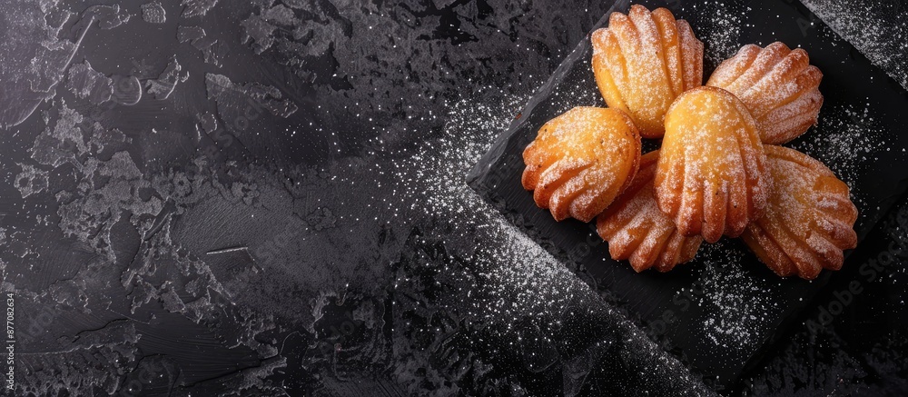 Aufkleber mini madeleine cakes with vanilla bean and icing sugar on a black slate plate with copy space image.