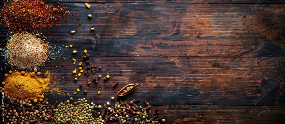 Poster various spices arranged on a dark wooden surface with copy space image.