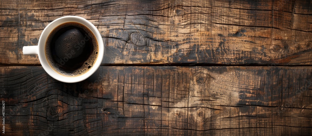 Poster wooden table with black coffee providing a textured abstract background and room for text in a copy 