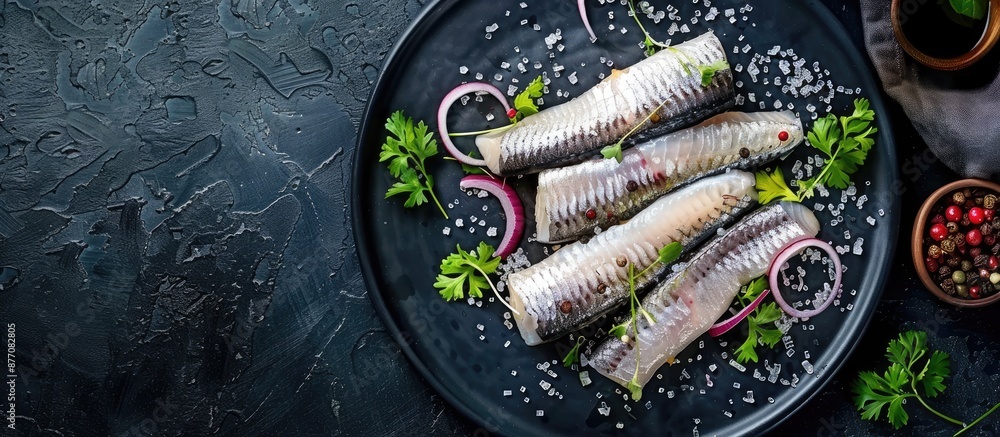 Poster top view of a plate with salted herring fillet, spices, and onions on a dark backdrop. rich in healt