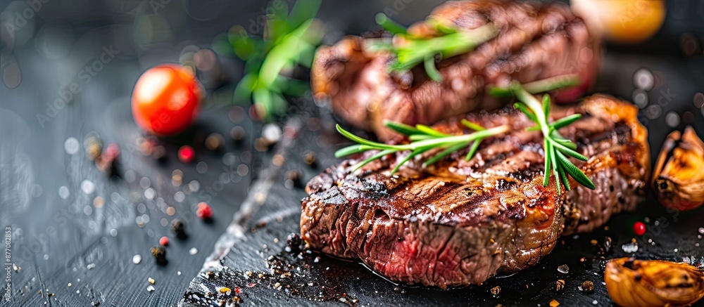 Poster Grilled meat on a restaurant menu with a medium-sized steak is featured in this mouthwatering dinner image with copy space.