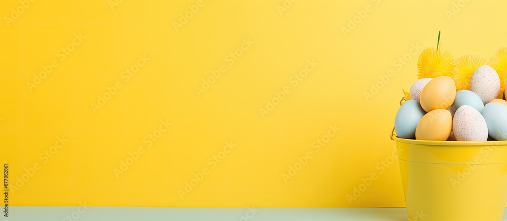Poster easter concept shown with a yellow egg in a bucket on a colorful background, ideal for copy space im